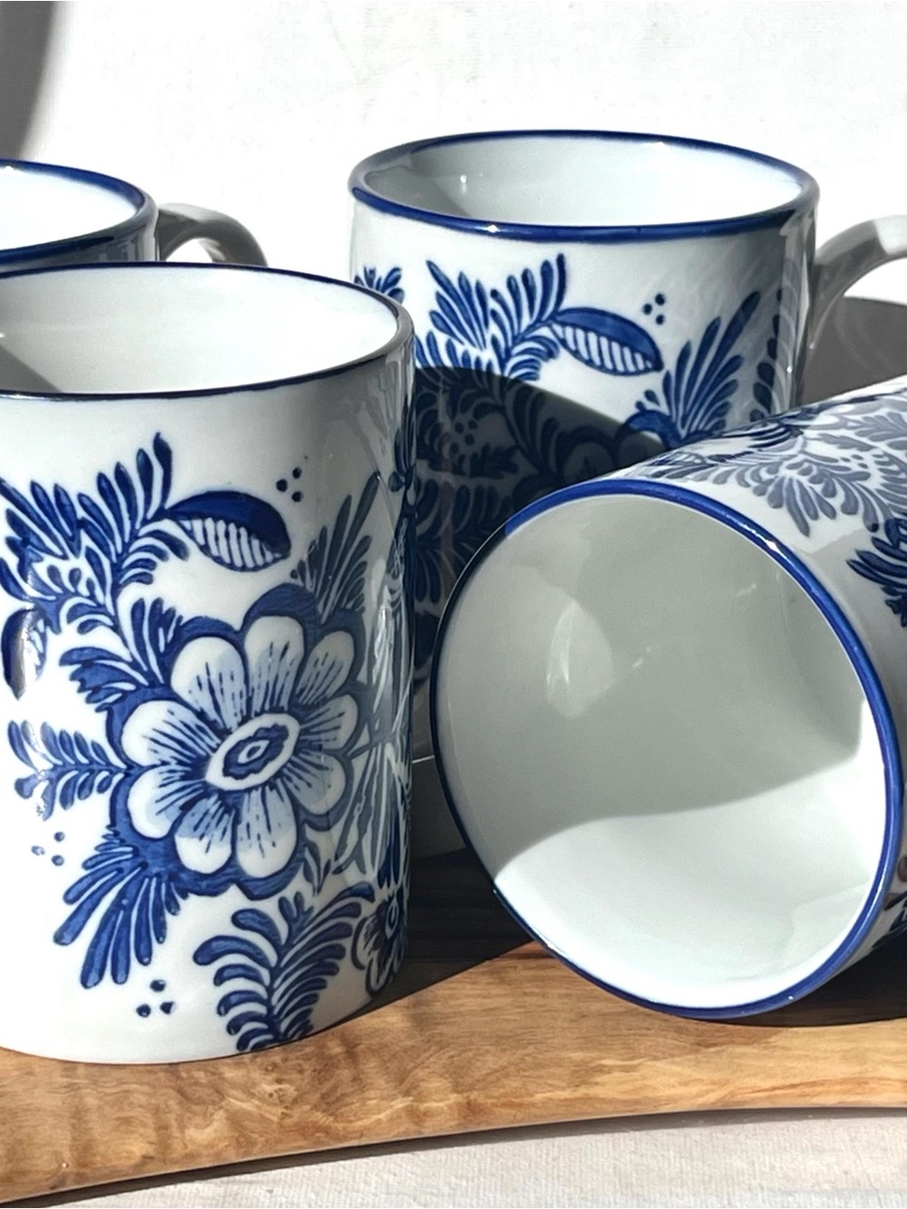 Rare Discontinued Pottery Barn Elsie White With Blue Floral Bird Set Of 3 mugs